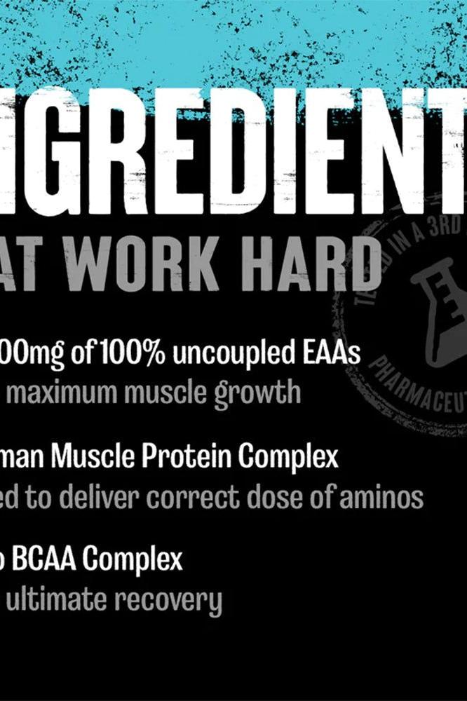 Ingredients list for Universal Nutrition Animal Nitro highlighting amino acids and protein complexes for muscle growth and recovery.