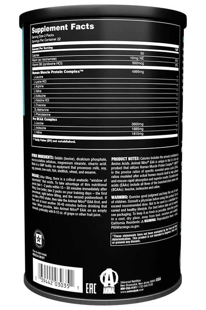 Supplement Facts panel for Universal Nutrition Animal Nitro, showcasing nutrition information and ingredient details.