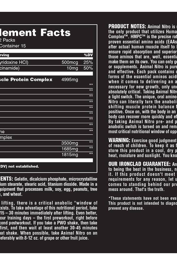 Universal Nutrition Animal Nitro supplement fact panel with ingredients and nutritional information.