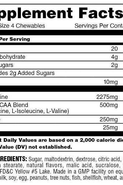 Supplement facts label for Universal Nutrition Animal Recovery Chews showing serving size, ingredients, and nutritional information.