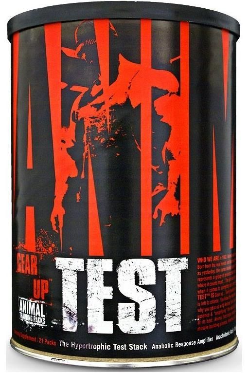 Universal Nutrition Animal Test supplement canister, 21 packs for male support and muscle growth.