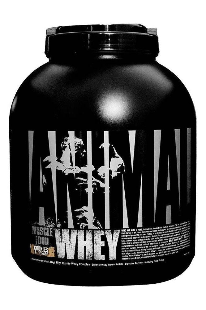 Universal Nutrition Animal Whey protein powder for muscle gain and recovery, high-quality whey isolate in a black container.