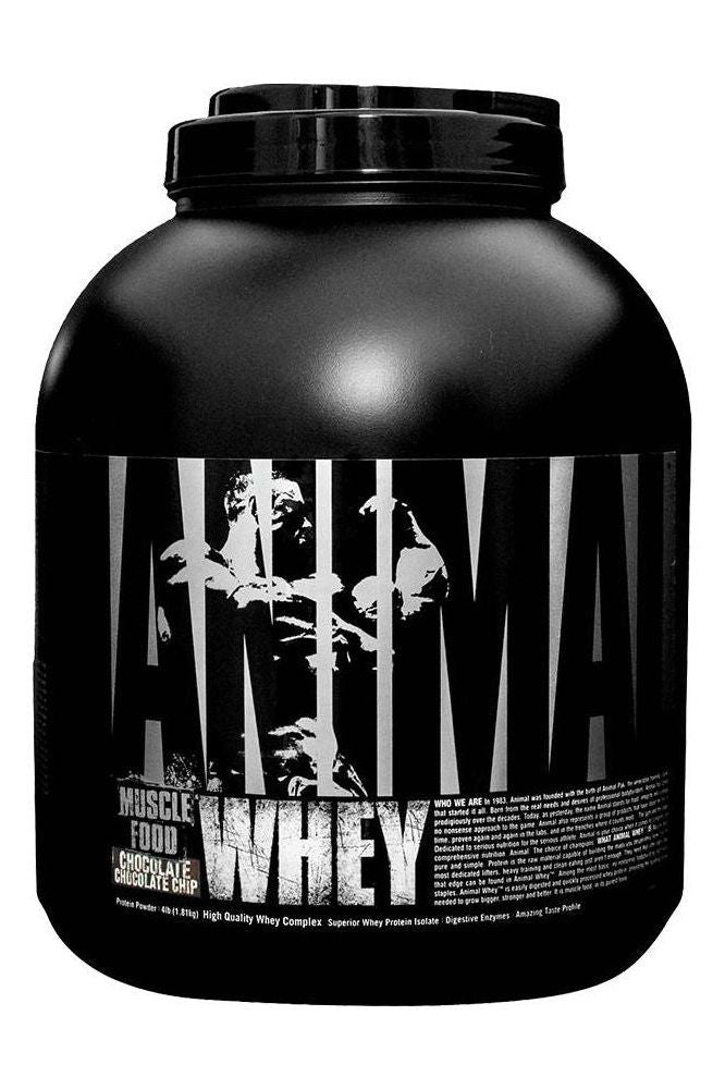 Universal Nutrition Animal Whey protein powder in chocolate flavor for muscle gain and recovery.