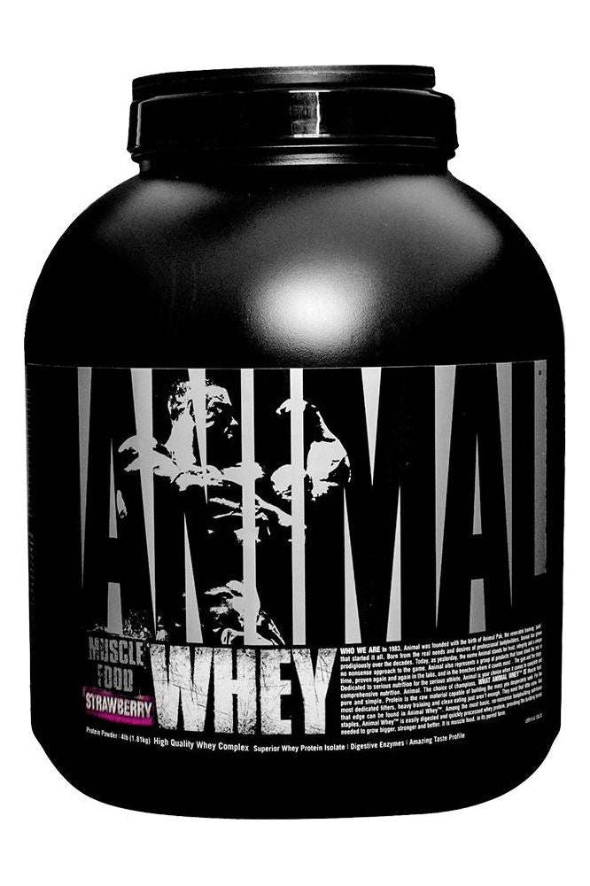 Universal Nutrition Animal Whey in strawberry flavor, designed for muscle gain and recovery.