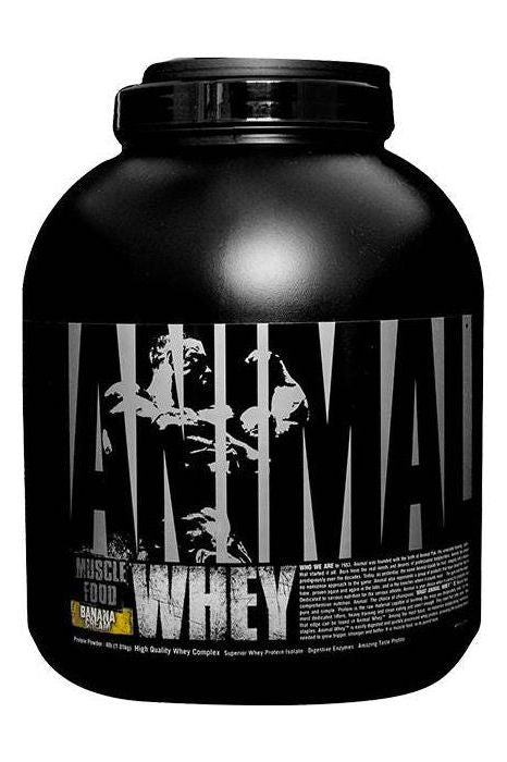 Universal Nutrition Animal Whey protein powder in banana flavor, designed for muscle growth and recovery.