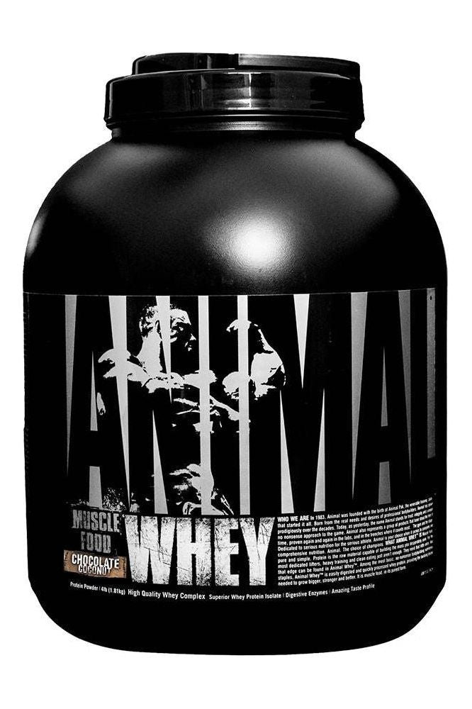 Animal Whey protein powder container in chocolate flavor, promoting muscle growth and recovery.