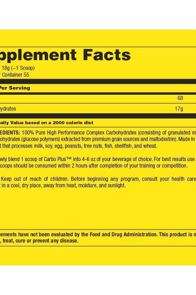 Supplement facts for Universal Nutrition Carbo Plus, listing ingredients and nutritional information.