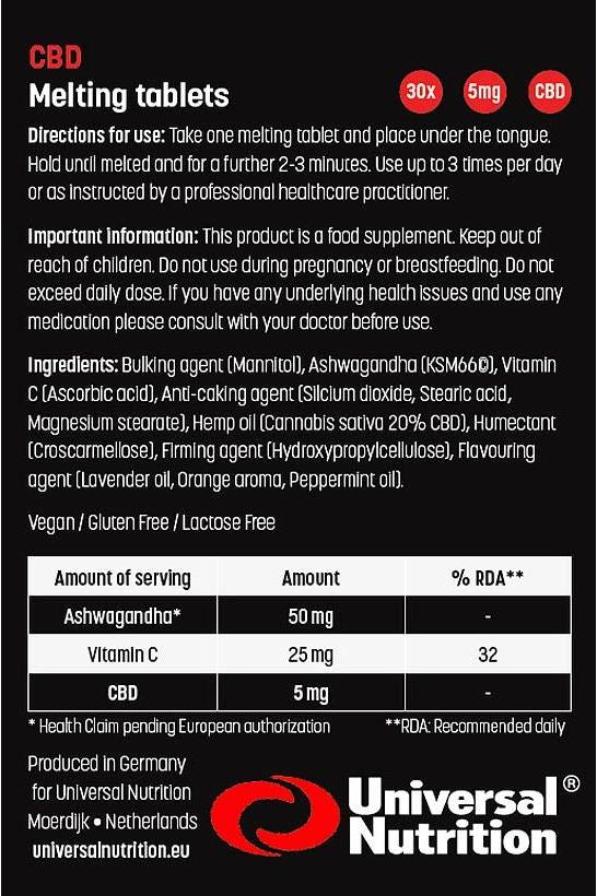Universal Nutrition CBD Melting Tablets packaging, details ingredients and benefits for muscle recovery and stress reduction.