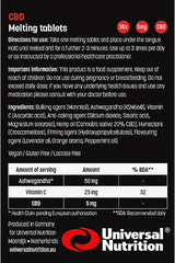 Universal Nutrition CBD Melting Tablets packaging, details ingredients and benefits for muscle recovery and stress reduction.