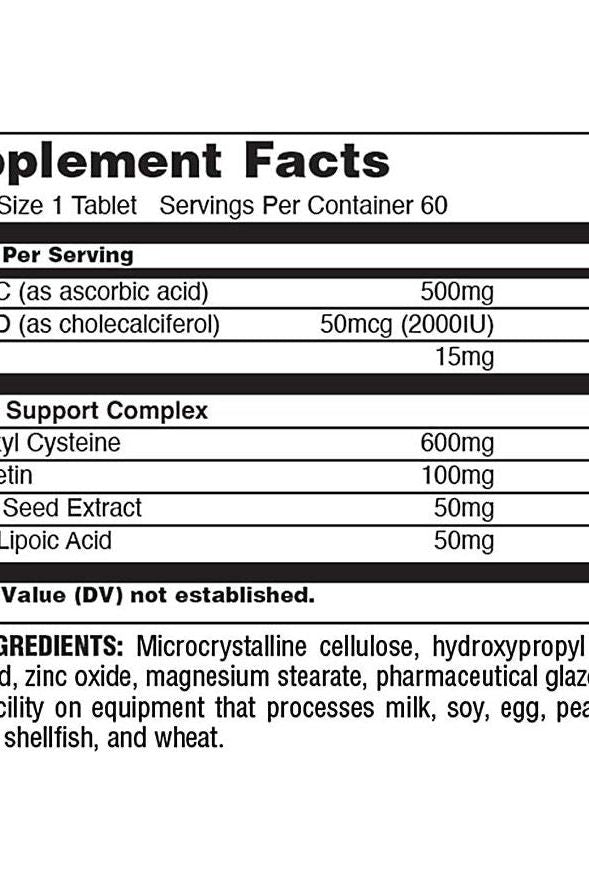 Supplement facts for Universal Nutrition Daily Immune, showing vitamins C, D, zinc, and other key ingredients.