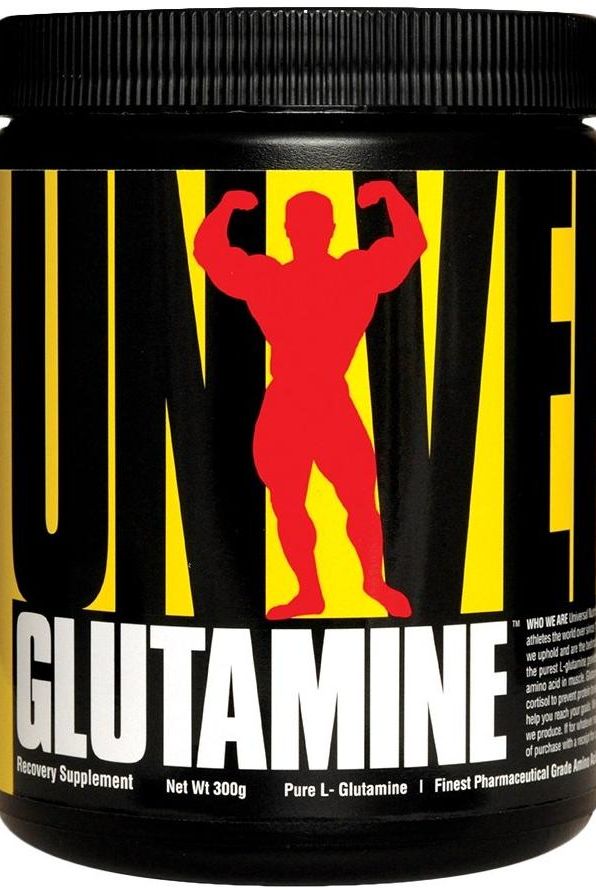 Universal Nutrition Glutamine Powder jar, a recovery supplement for athletes, enhances amino acid levels and detoxifies.