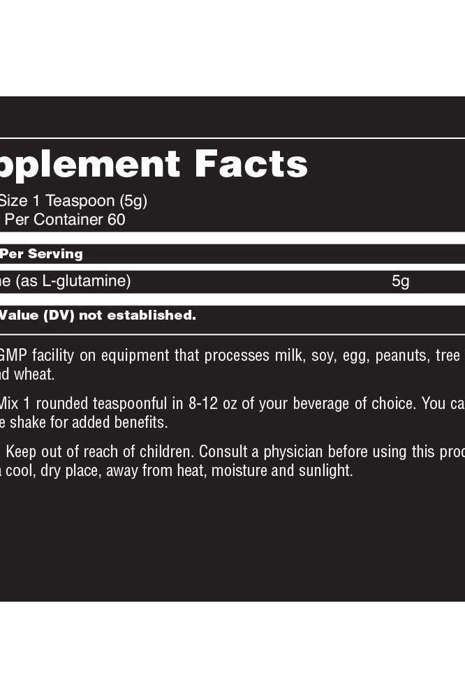 Supplement facts for Universal Nutrition Glutamine, showing serving size, nutritional information, and usage instructions.