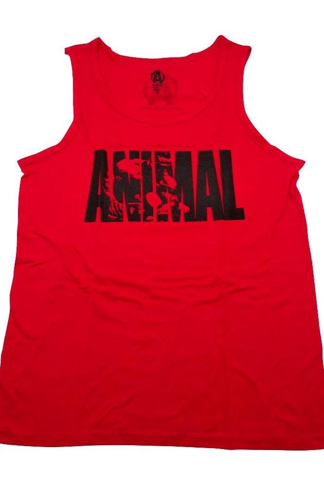 Universal Nutrition Animal tank top in red with bold black lettering, perfect for workouts and stylish gym wear.