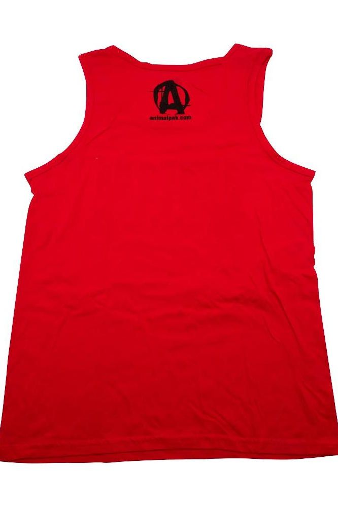 Red tank top featuring stylish design and logo on the back, ideal for workouts and gym activities.