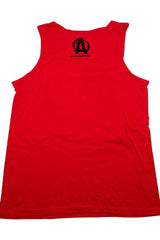 Red tank top featuring stylish design and logo on the back, ideal for workouts and gym activities.