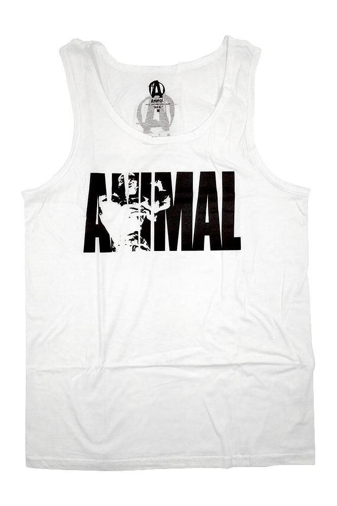 Universal Nutrition Animal tank top in white with bold black print, perfect for fitness enthusiasts and gym wear.