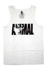 Universal Nutrition Animal tank top in white with bold black print, perfect for fitness enthusiasts and gym wear.