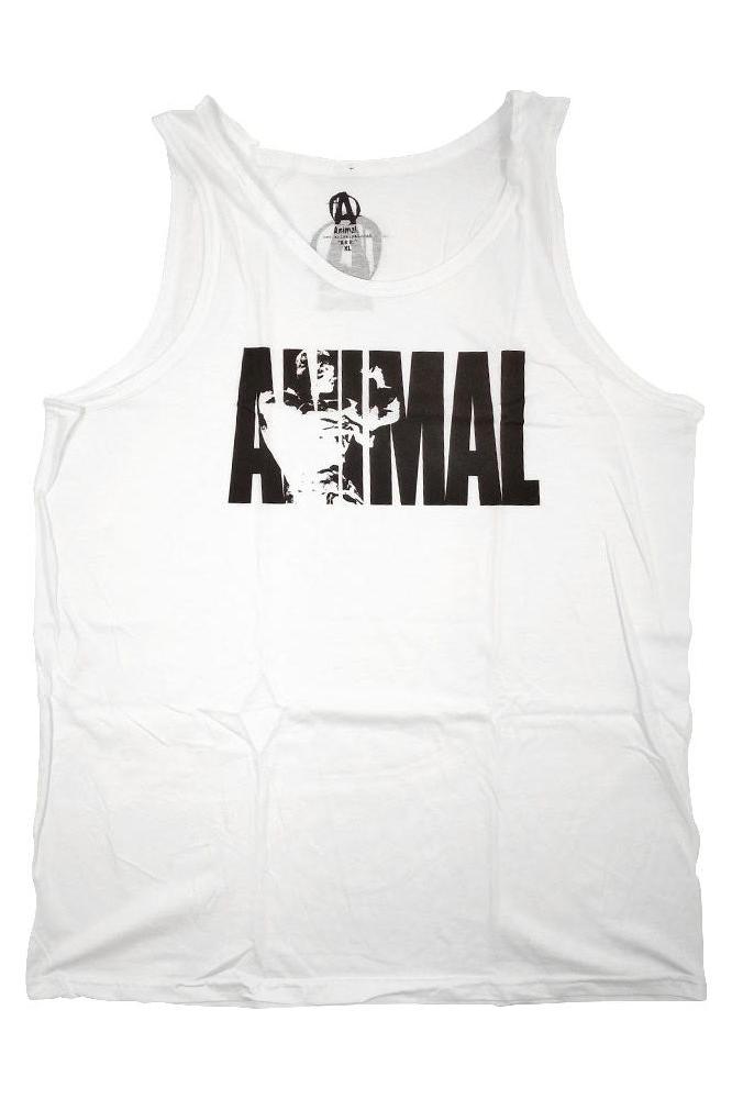 Universal Nutrition Animal tank top in white with bold black print for gym and fitness activities.