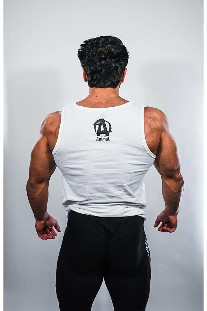 Back view of a muscular man wearing a white tank top with Animal logo, highlighting style and comfort for workouts.