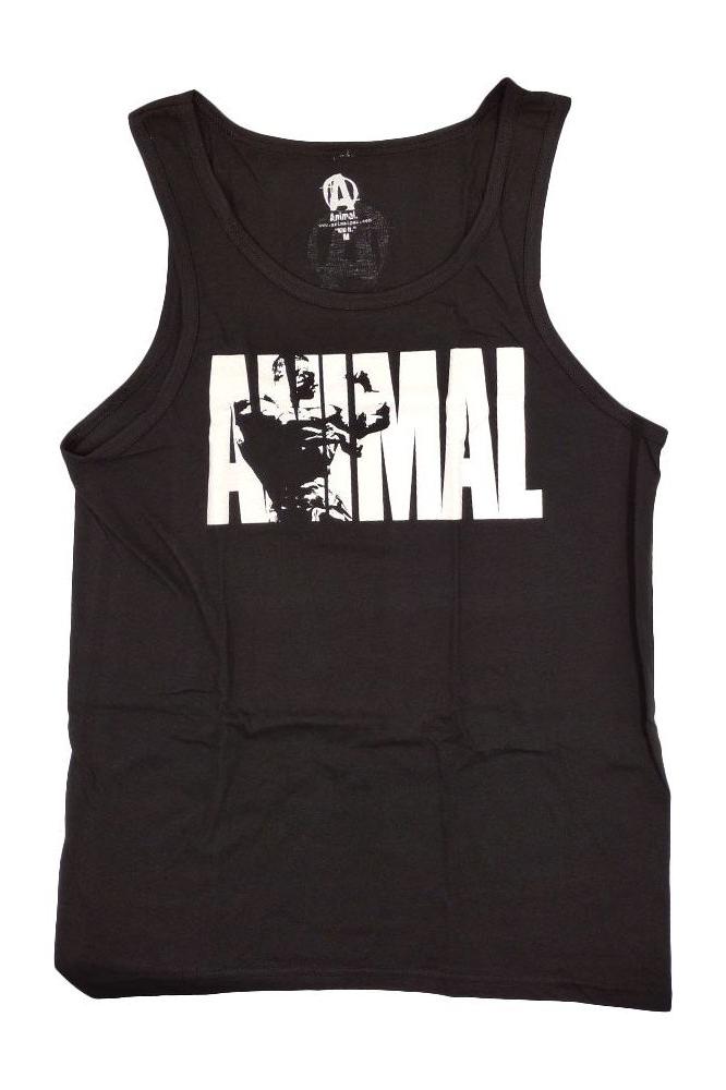 Universal Nutrition Iconic Tank Top in black with bold white Animal print, perfect for stylish workouts.