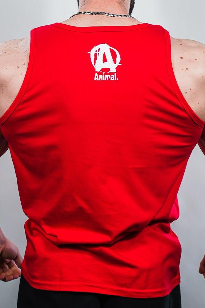 Back view of a man wearing a red Universal Nutrition tank top with Animal logo, showcasing stylish design and comfort.