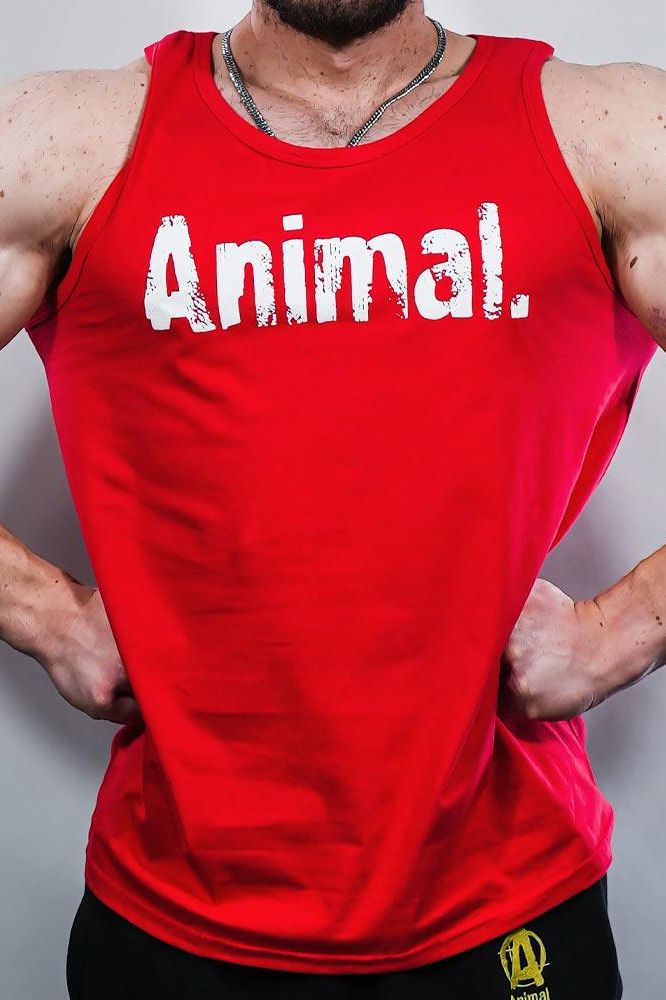 Red tank top with 'Animal' print, perfect for workouts and showcasing style at the gym.
