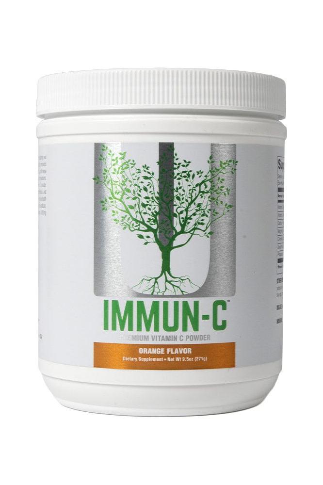 Universal Nutrition Immun-C orange flavored vitamin C powder, 271 g container featuring a tree logo.