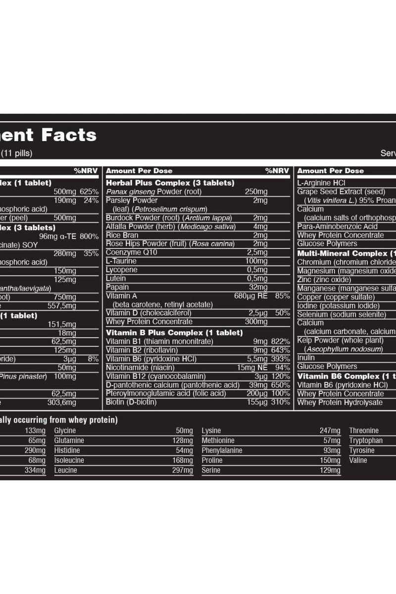 Nutritional information chart for Universal Nutrition Animal Pak, detailing ingredients and their amounts per serving.