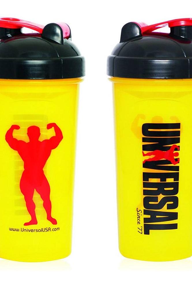 Universal Nutrition Yellow Shaker Cup, 700 ml, durable design with leak-proof lid and aesthetic appeal.