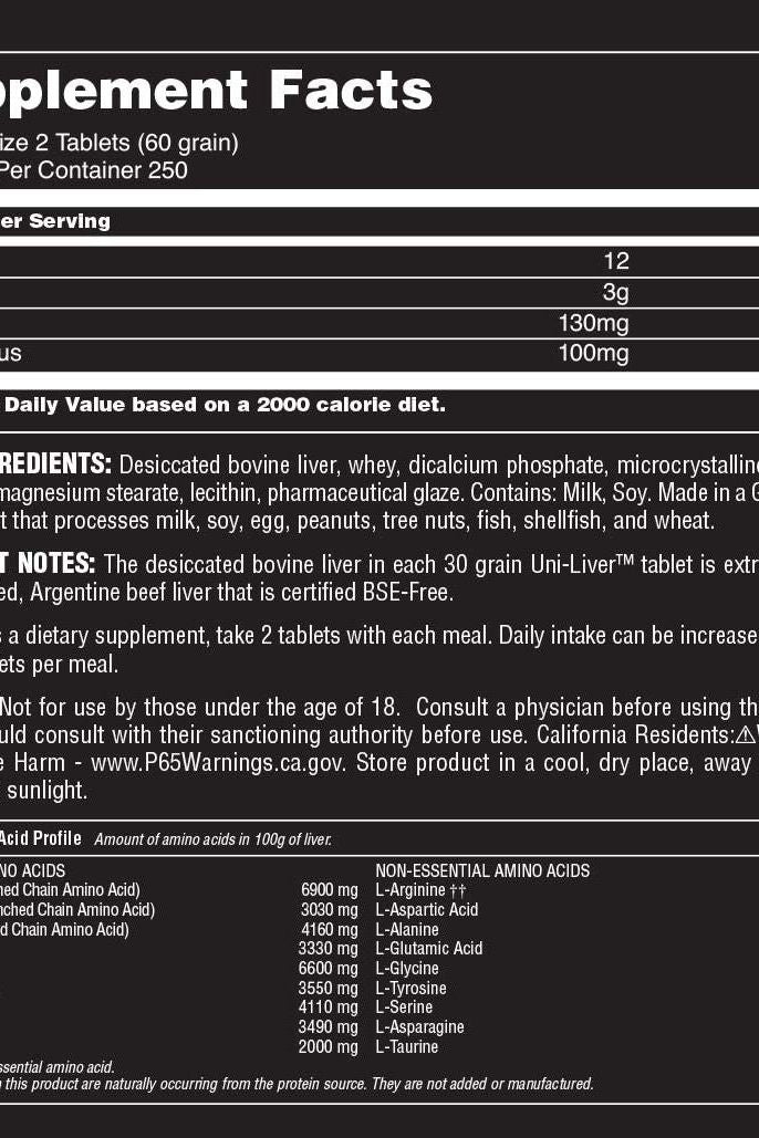 Supplement facts for Universal Nutrition Uni-Liver showing amino acids and nutrients per serving.