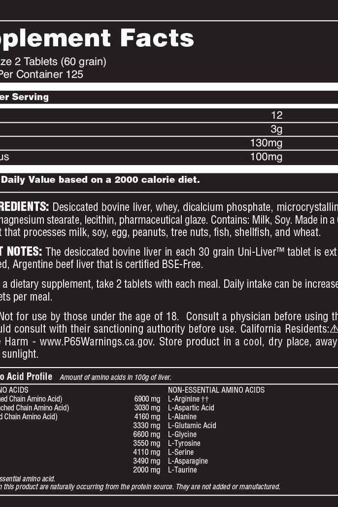 Supplement facts for Universal Nutrition Uni-Liver with nutrition details and amino acid profile.