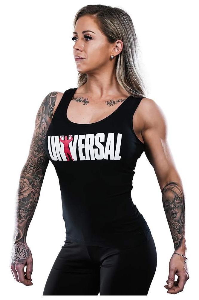 Model wearing Universal Nutrition Ladies Tank Top, showcasing style and comfort for training or casual wear.