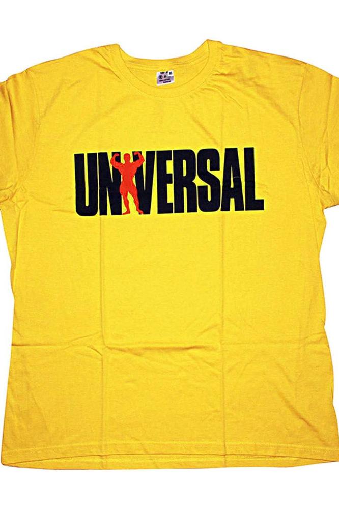 Universal Nutrition - USA 77 T-shirt in bright yellow, featuring bold 'UNIVERSAL' logo for bodybuilders and fitness enthusiasts.