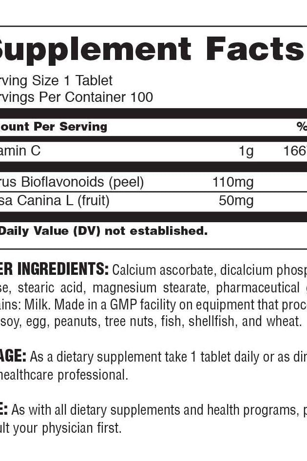 Supplement facts for Universal Nutrition Buffered Vitamin C, showing vitamin C and bioflavonoid content per tablet.