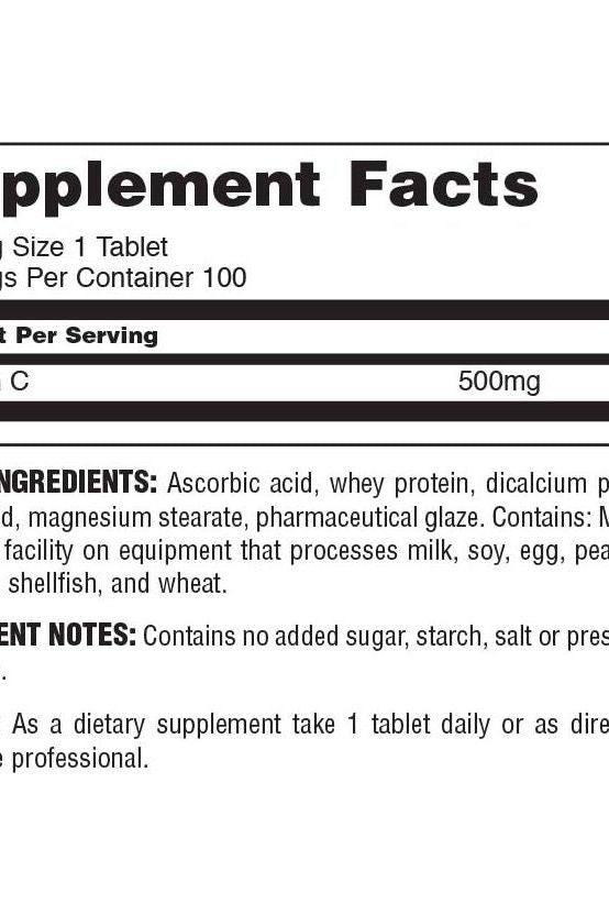 Supplement facts for Universal Nutrition Vitamin C Formula, showing 500mg of vitamin C per tablet and ingredients.