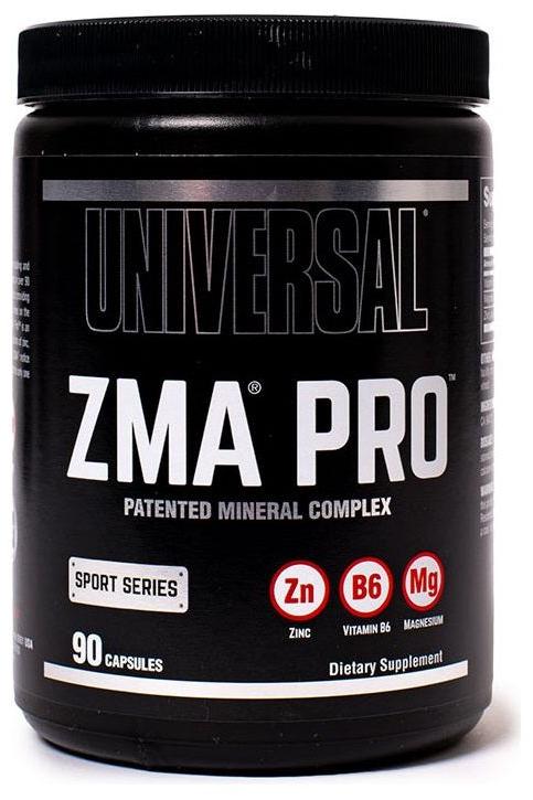 Universal Nutrition ZMA Pro dietary supplement with zinc, vitamin B6, and magnesium in a 90-capsule container.