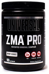 Universal Nutrition ZMA Pro dietary supplement with zinc, vitamin B6, and magnesium in a 90-capsule container.