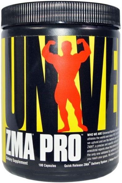 Universal Nutrition ZMA Pro dietary supplement in a black jar with yellow and red labeling, supports recovery and testosterone levels.
