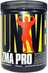 Universal Nutrition ZMA Pro dietary supplement in a black jar with yellow and red labeling, supports recovery and testosterone levels.
