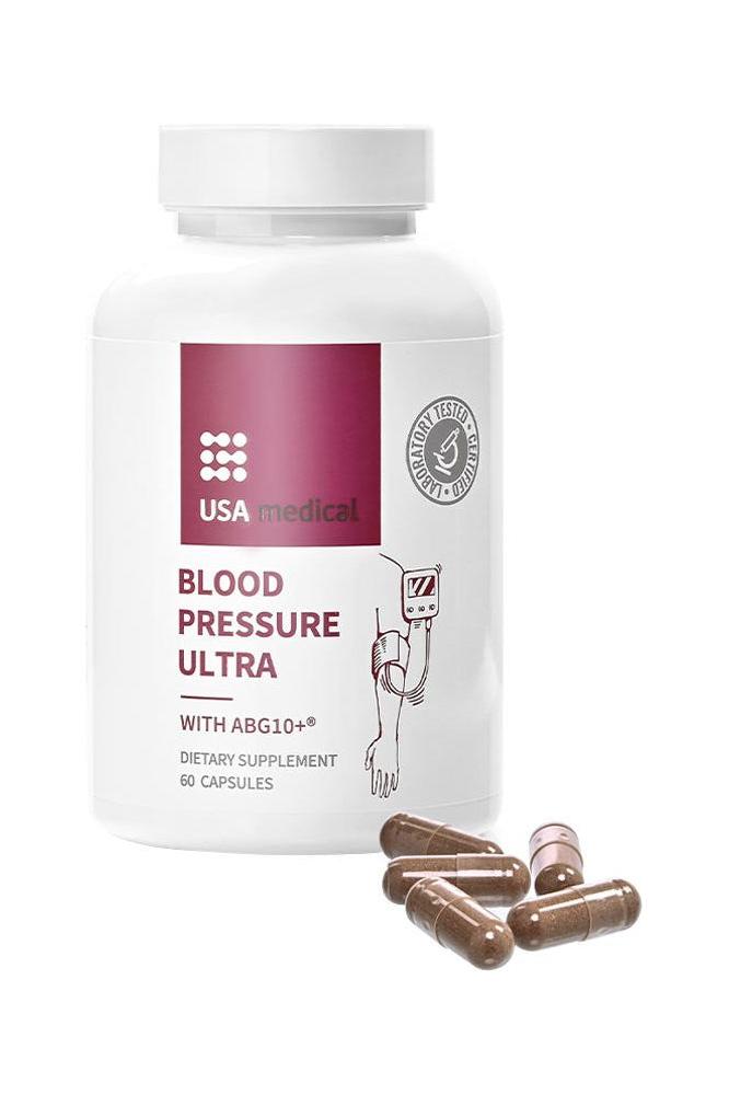 USA Medical Blood Pressure Ultra dietary supplement bottle and capsules for heart health and circulation.