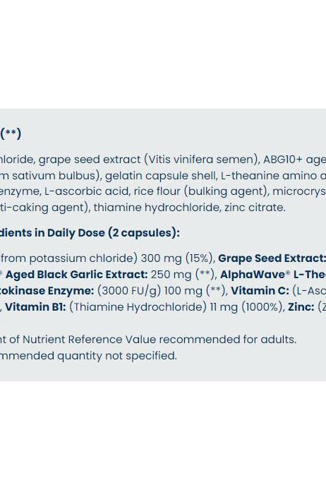 Nutrition label showing ingredients and daily doses of Blood Pressure Ultra capsules for heart health.
