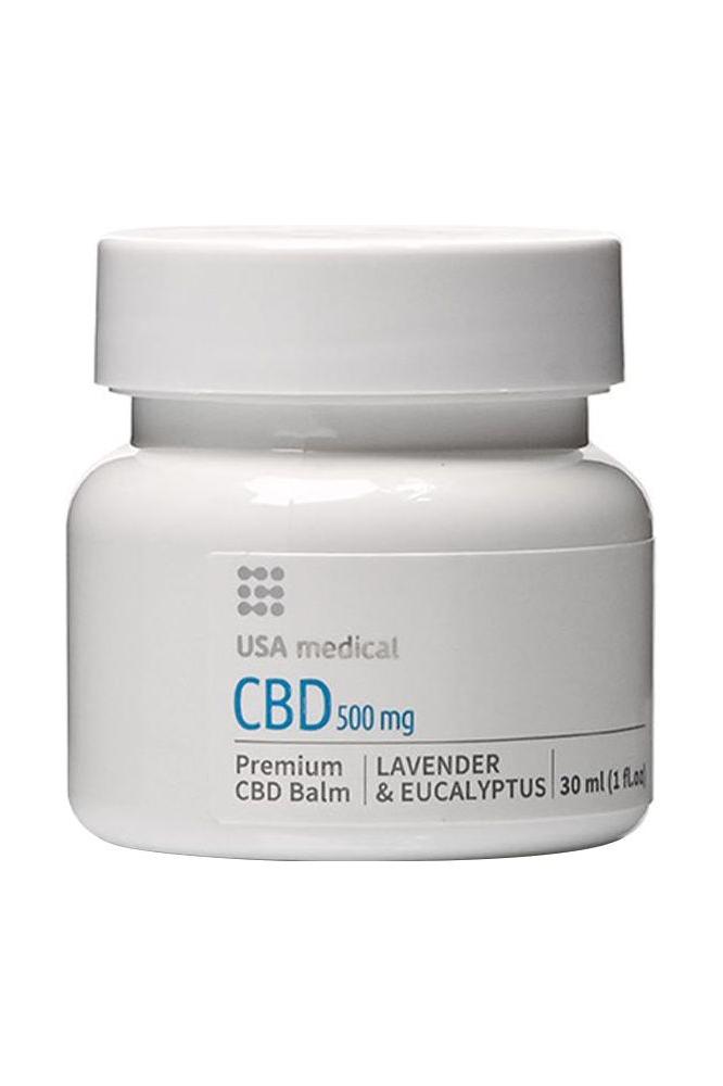 USA Medical CBD Balm 500 mg with lavender and eucalyptus, 30 ml container, ideal for soothing dry skin and muscle discomfort.