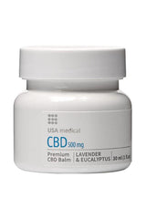 USA Medical CBD Balm 500 mg with lavender and eucalyptus, 30 ml container, ideal for soothing dry skin and muscle discomfort.
