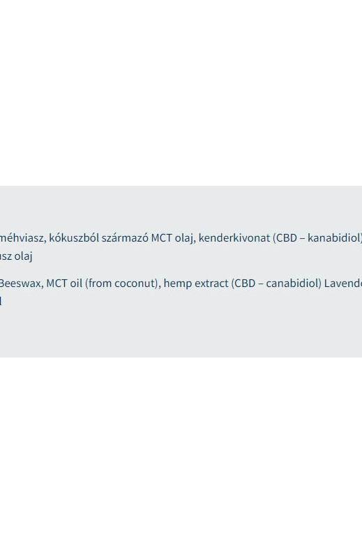 Ingredients list for USA medical CBD balm: Beeswax, MCT oil, hemp extract, lavender, and eucalyptus oil.
