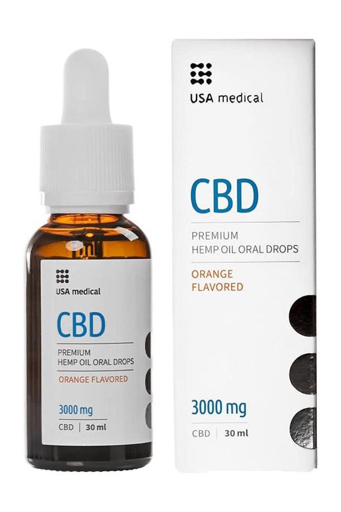 USA Medical CBD Oil 3000 mg in orange flavor, 30 ml bottle, THC-free and vegan product.