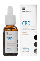 USA Medical CBD Oil 3000 mg in orange flavor, 30 ml bottle, THC-free and vegan product.