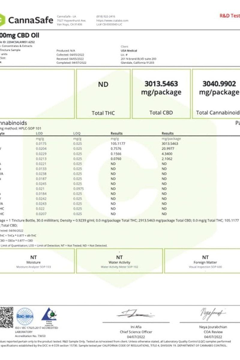 CBD Oil 3000 mg lab report showing cannabinoid levels, THC-free certification, and testing results.