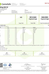 CBD Oil 3000 mg lab report showing cannabinoid levels, THC-free certification, and testing results.