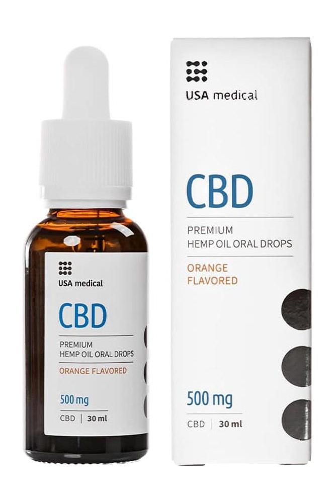 USA Medical CBD Oil 500 mg orange flavored drops in a 30 ml bottle with premium hemp oil formula.
