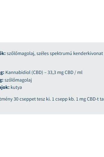 Label for CBD oil with full-spectrum hemp extract for dogs, includes dosage instructions.